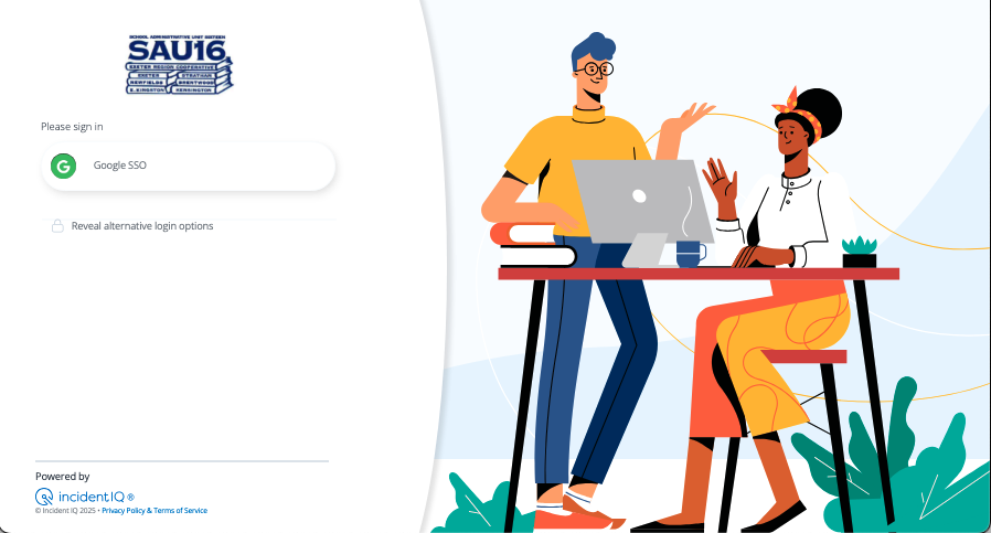 two people sitting at a table with a laptop in front of them. 
